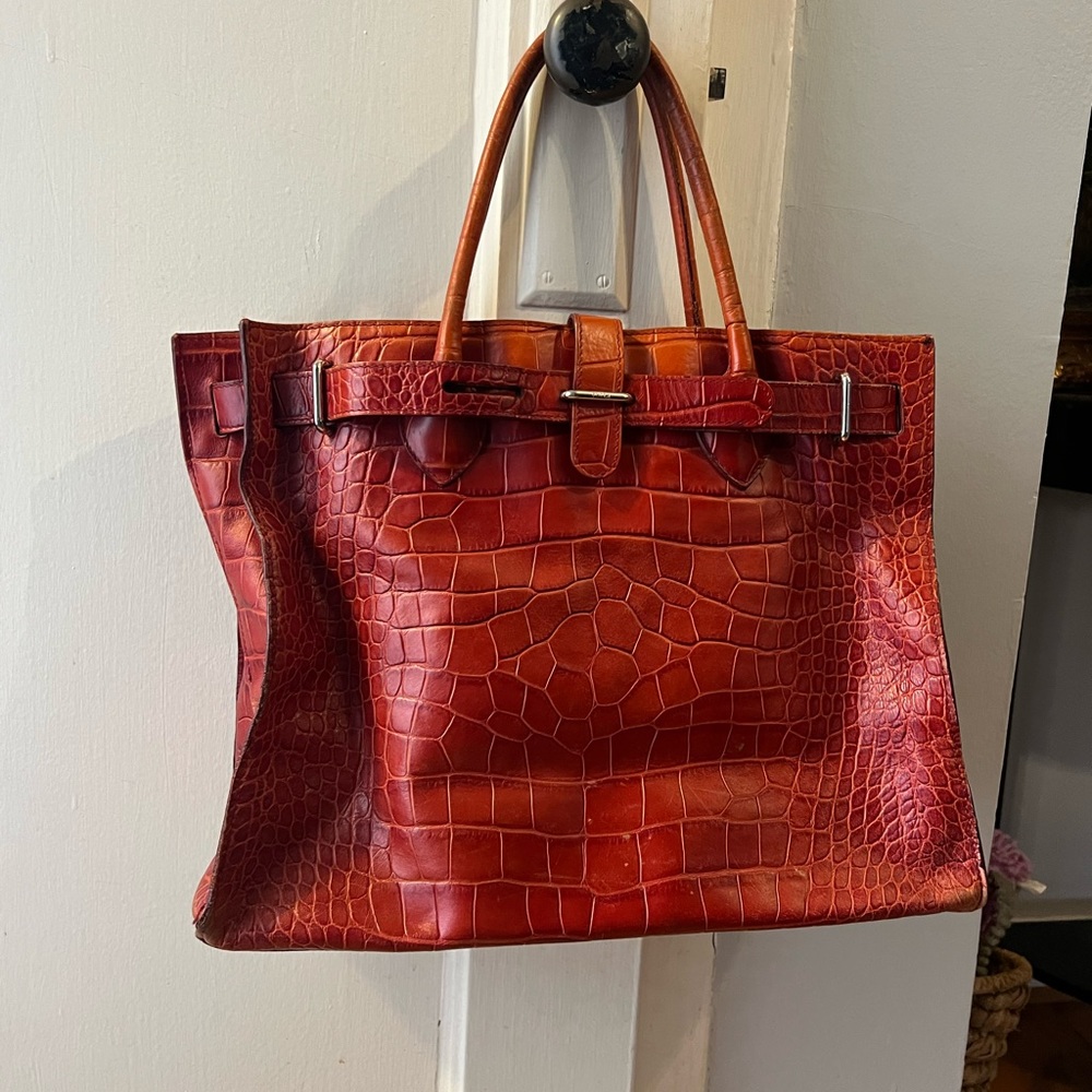 Vintage Furla Leather Croc Tote Dark Red